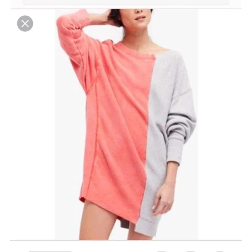 Free People‎ Split Color Oversized Sweatshirt Coral Gray Two Tone Asymmetrical S
